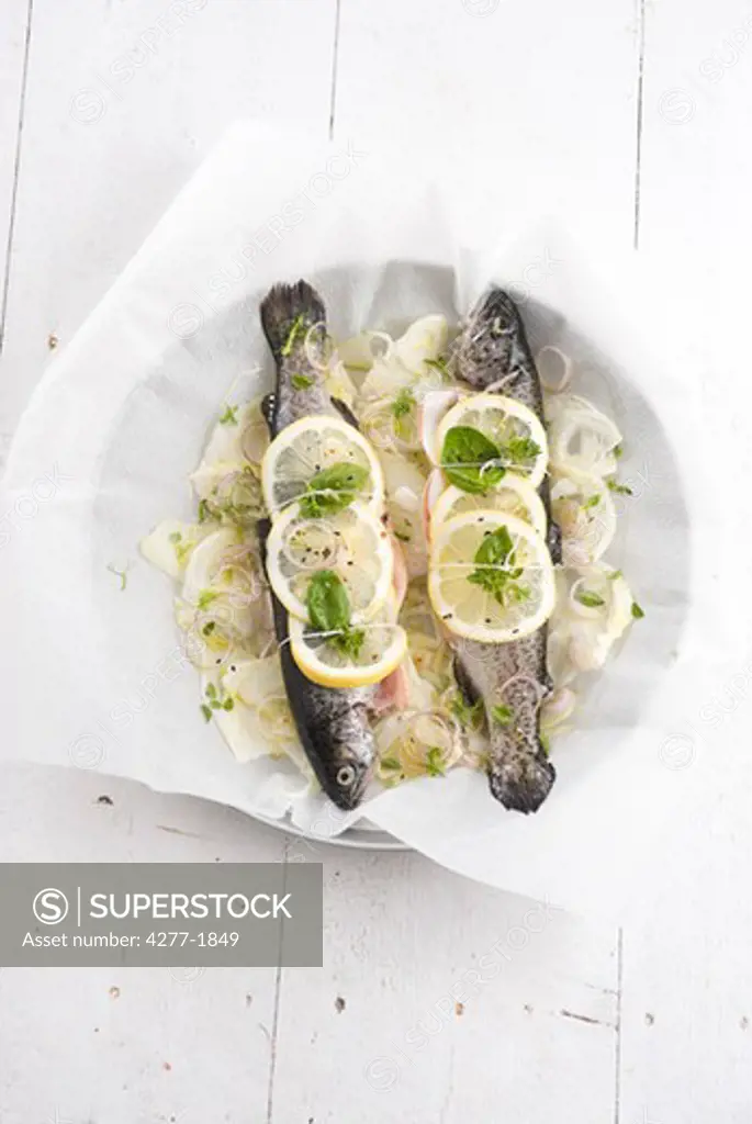 Baked trout with lemon, fennel and basil
