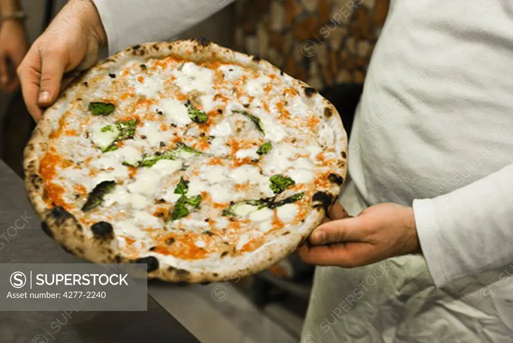 Person holding freshly made pizza