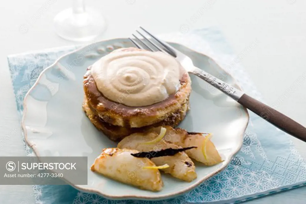 Pancakes with pears in cane syrup and spiced fromage frais