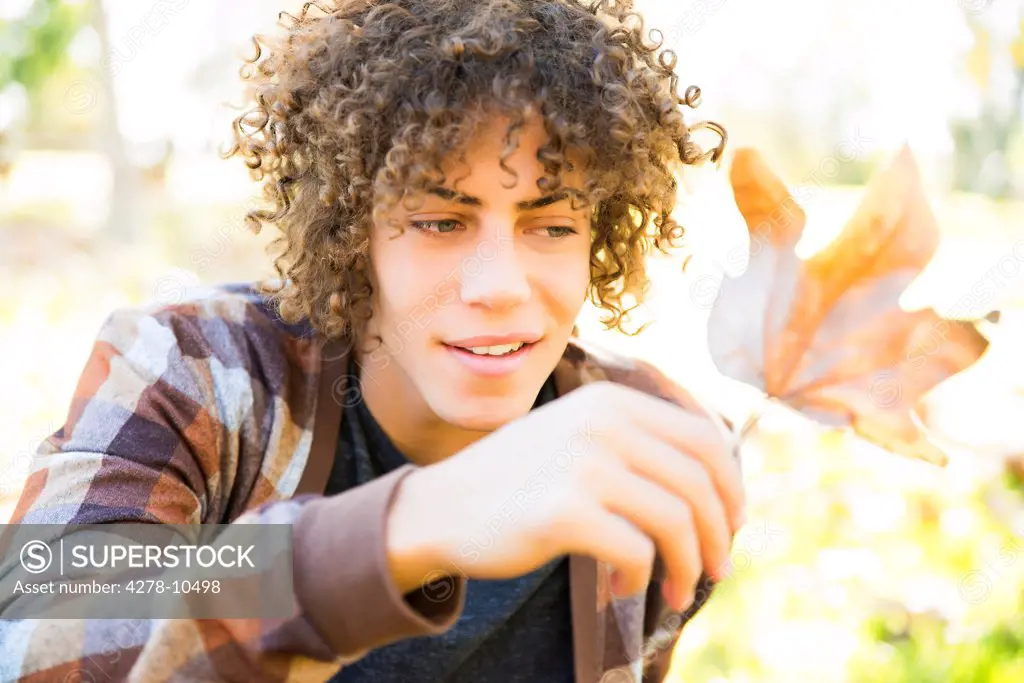 Young Man Holding Autumn Leaf