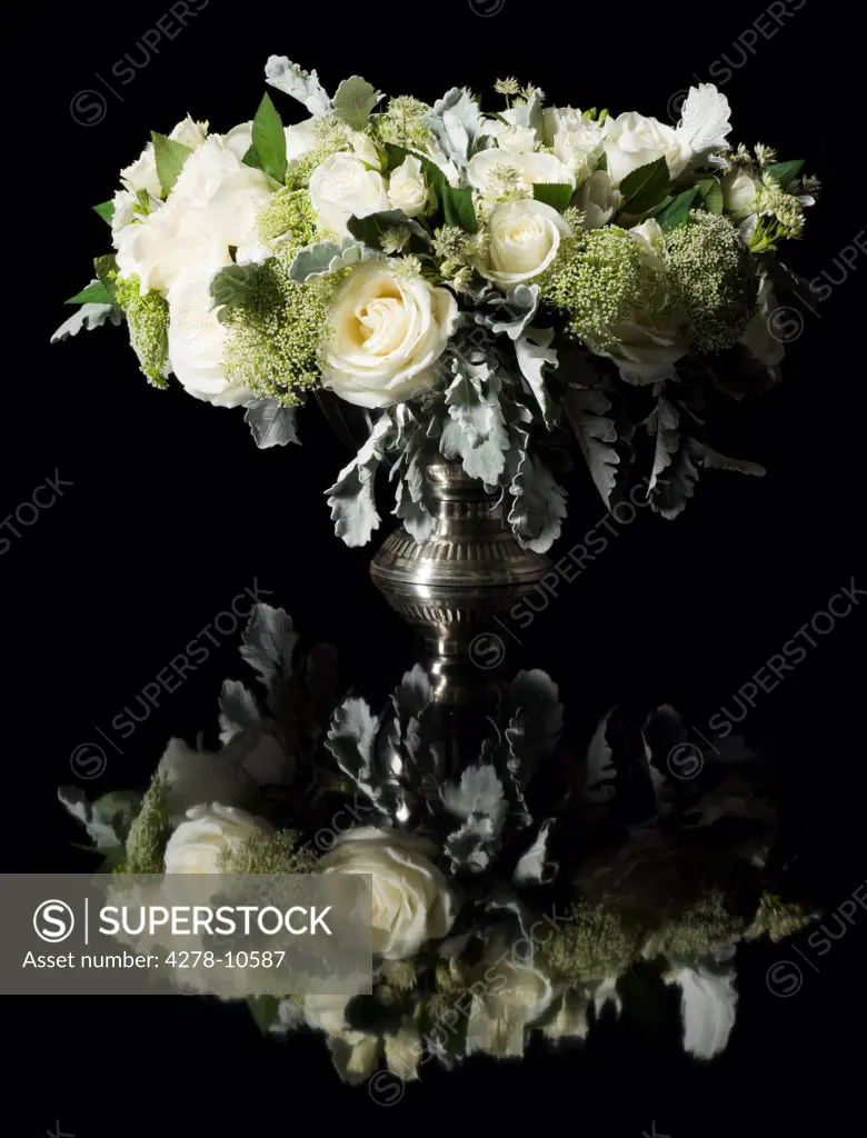Bouquet of White Roses and Wild Chervil Flowers