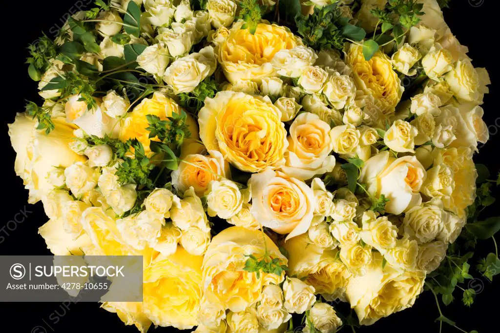 Close up of Bouquet of Yellow Roses and Persian Buttercup Flowers