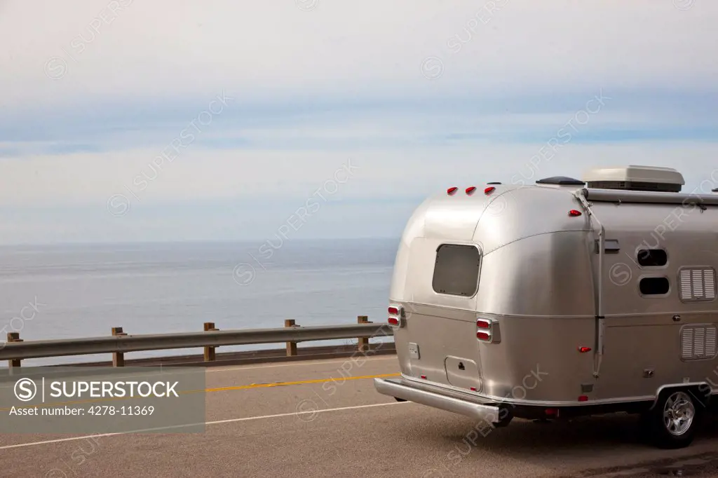 Back View of Airstream Trailer on State Route 1, California, USA