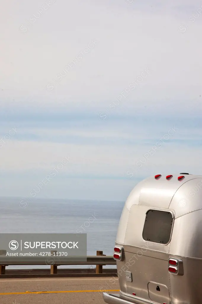 Back View of Airstream Trailer on State Route 1, California, USA