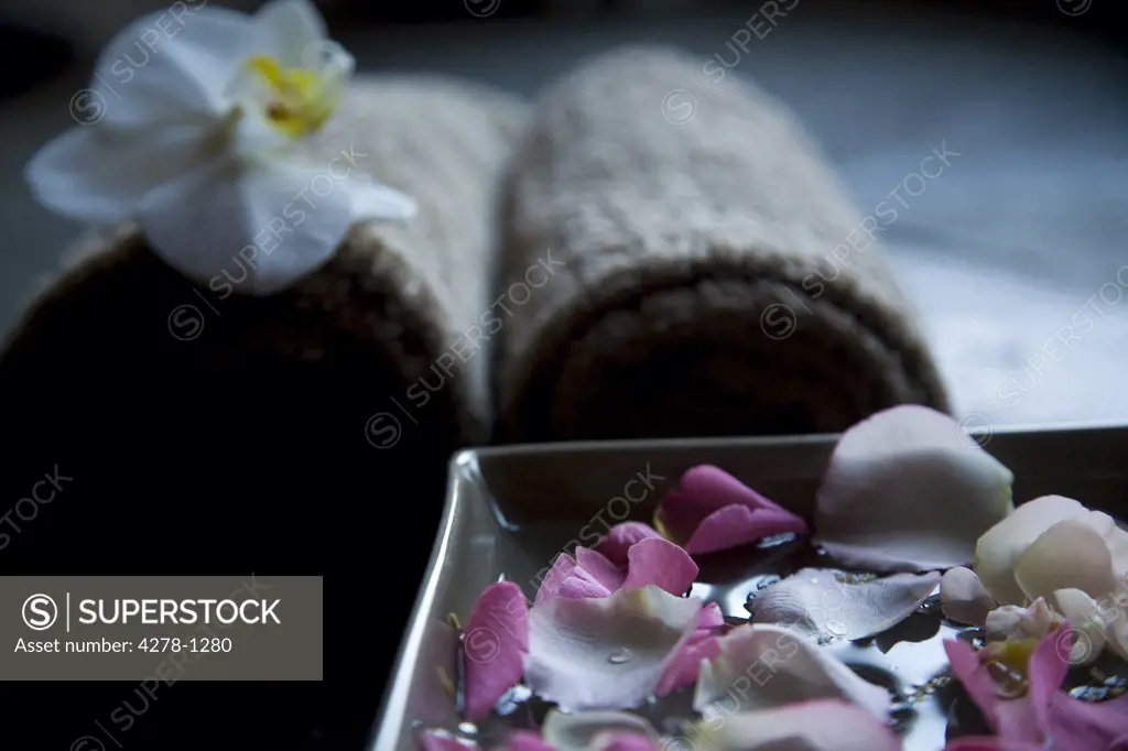 Pink floating petals in square bowl with brown towels