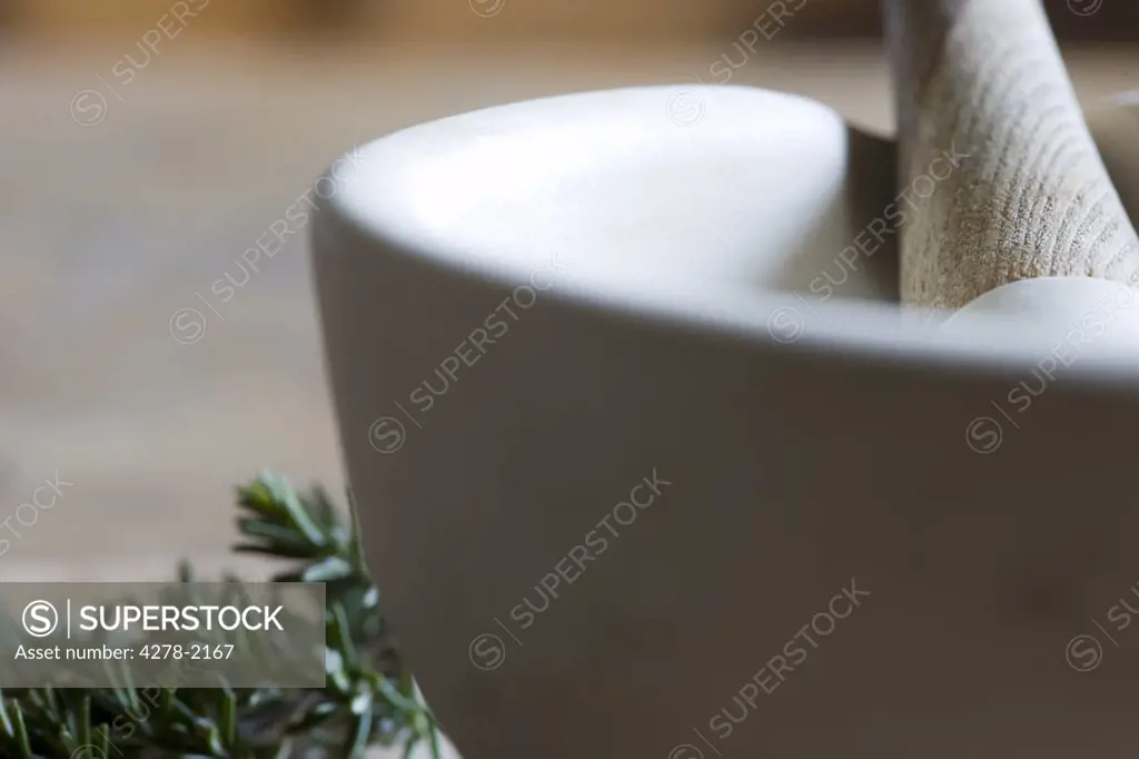 Close up of mortar and pestle with rosemary