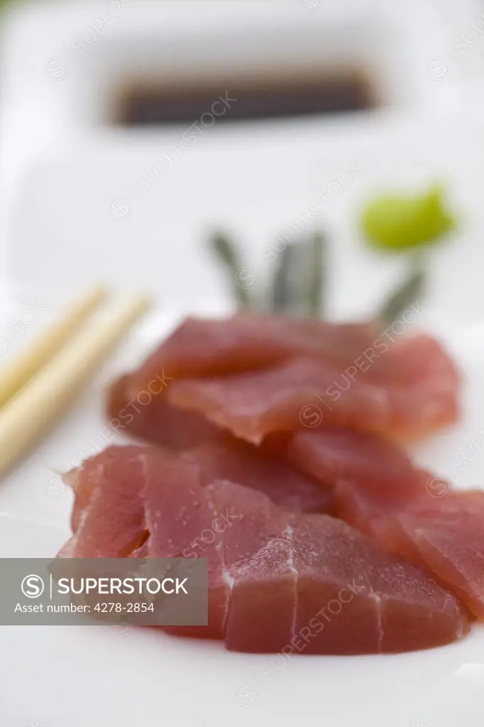 Plate of sushi with sliced tuna fish