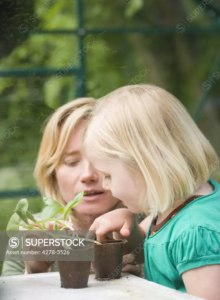 Girl helping woman tending seedlings in the greenhouse
