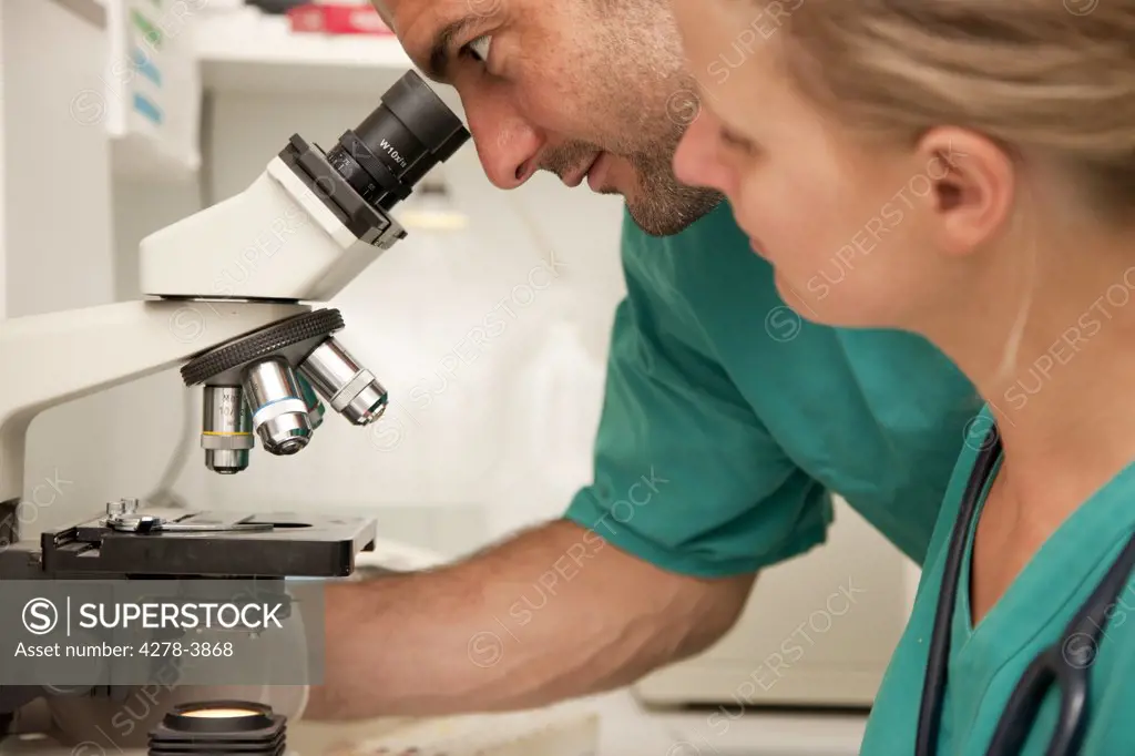 Lab technicians looking into microscope