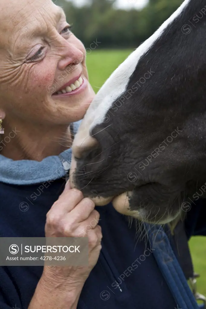 Close up of smiling mature woman pinching a horse nose