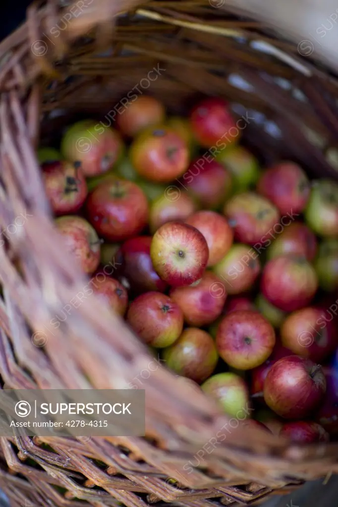 Close up of a wicker basket filled with apples