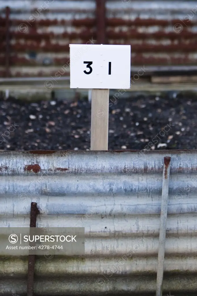 Rusty corrugated metal and number 31 tag