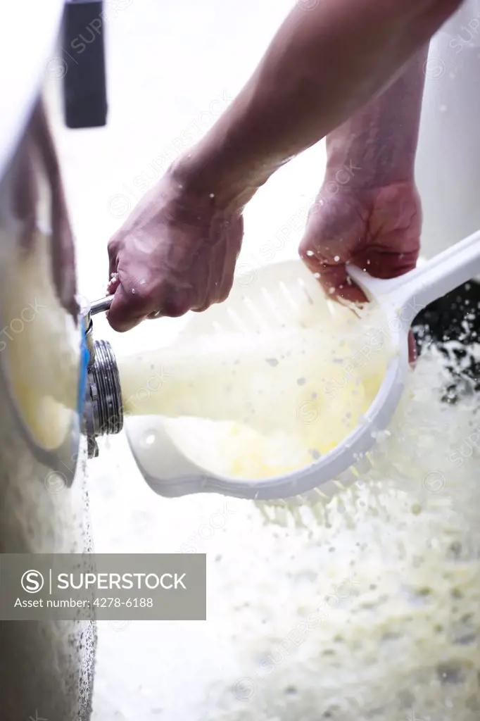 Close up of a man's hand washing cheese
