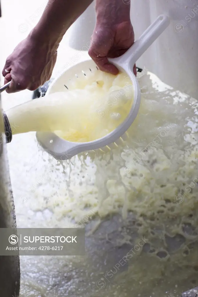 Close up of a man's hand washing cheese