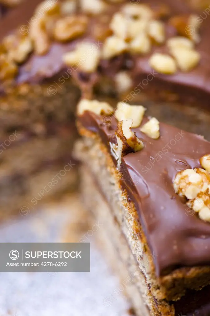 Extreme close up of a slice of walnut and chocolate gateau