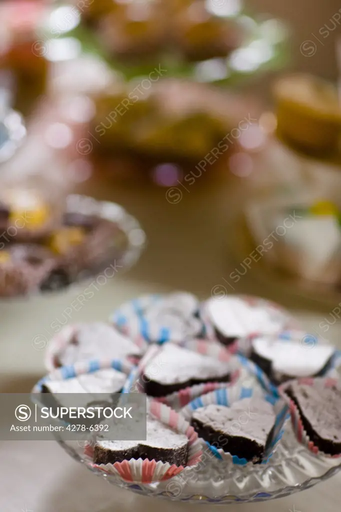 Close up of heart shaped mini cakes