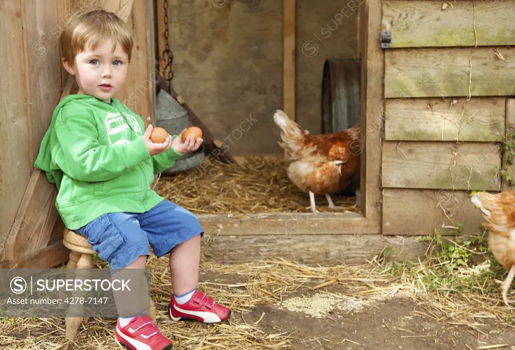 Boy Sitting Outside Chicken Coop Holding Eggs