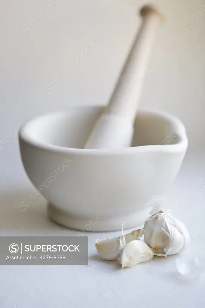 Mortar and Pestle with Garlic Cloves