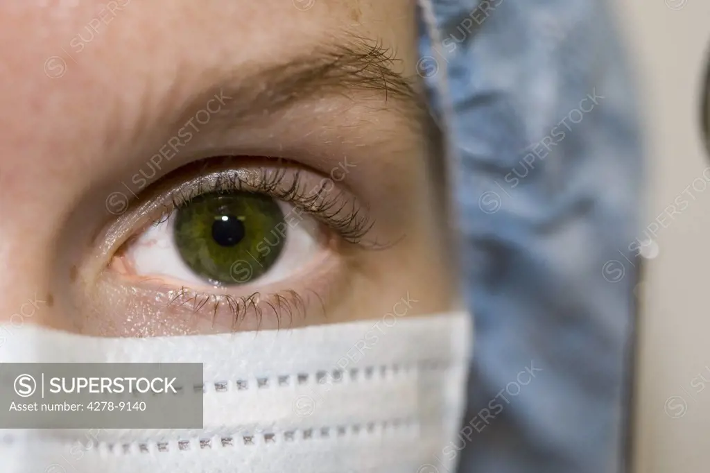 Close up of Female Doctor's Eye Wearing Surgical Mask