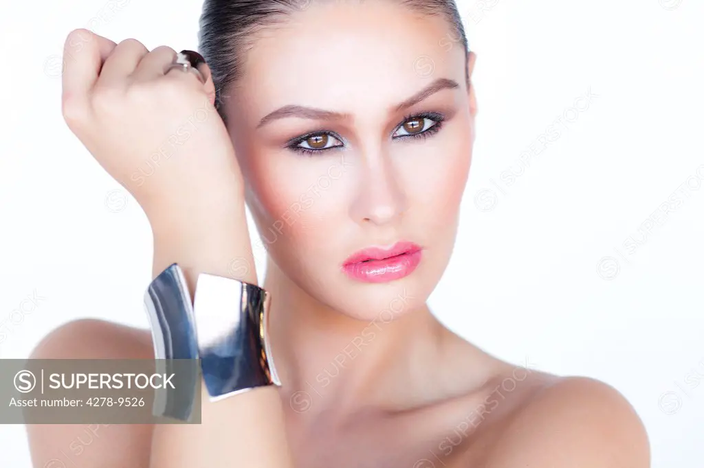 Portrait of Woman Wearing Silver Cuff Jewel