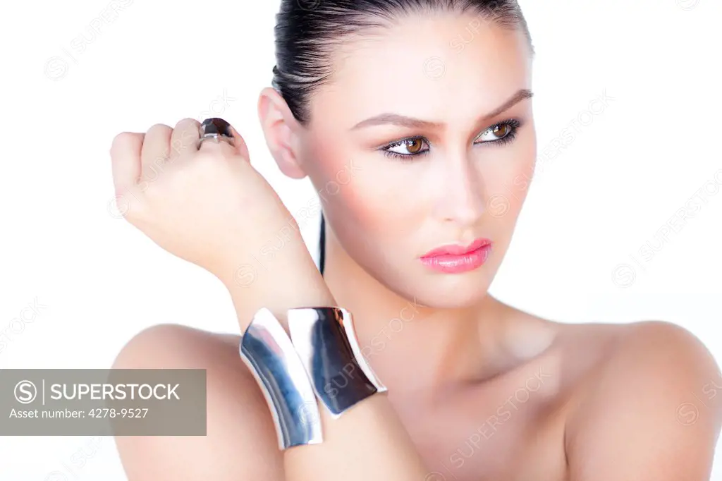 Portrait of Woman Wearing Silver Cuff Jewel