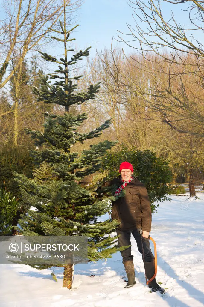 Man Holding Christmas Tree and Handsaw