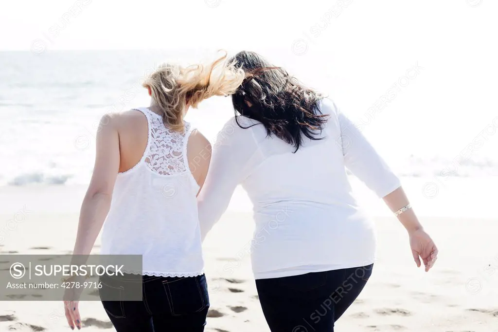 Back View of Two Women Walking on Beach