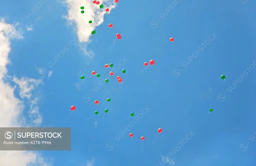 Balloons Flying in a Cloudy Blue Sky