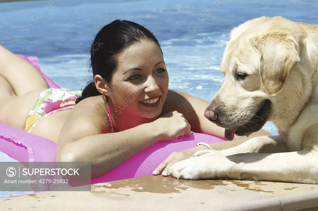 Labrador Retriever - lying at pool next to young woman on airbed