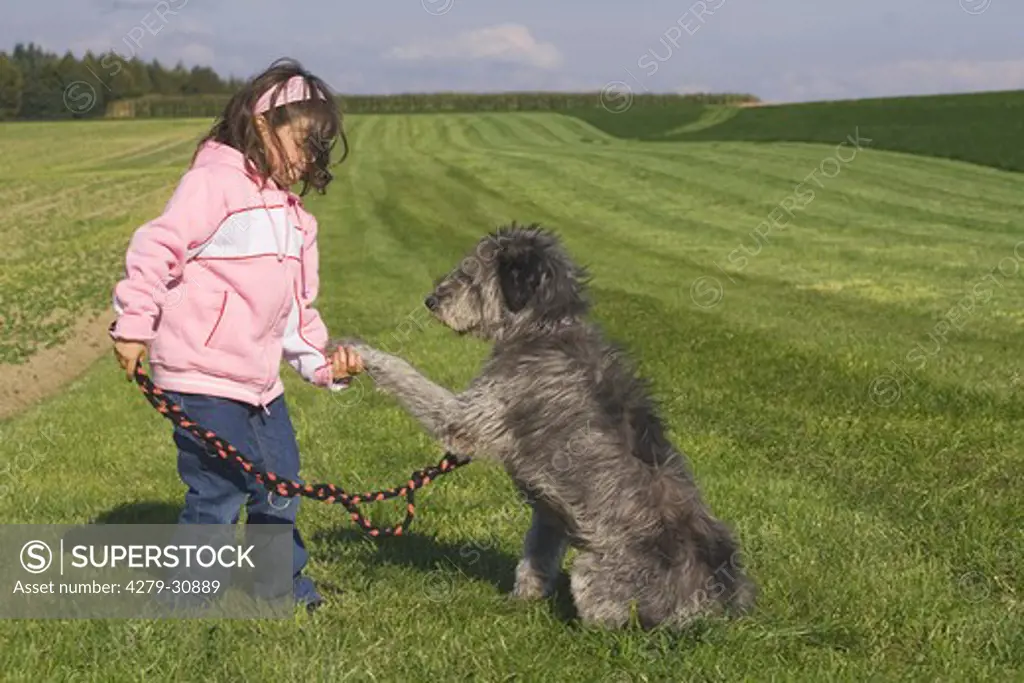 girl with half breed dog - giving paw