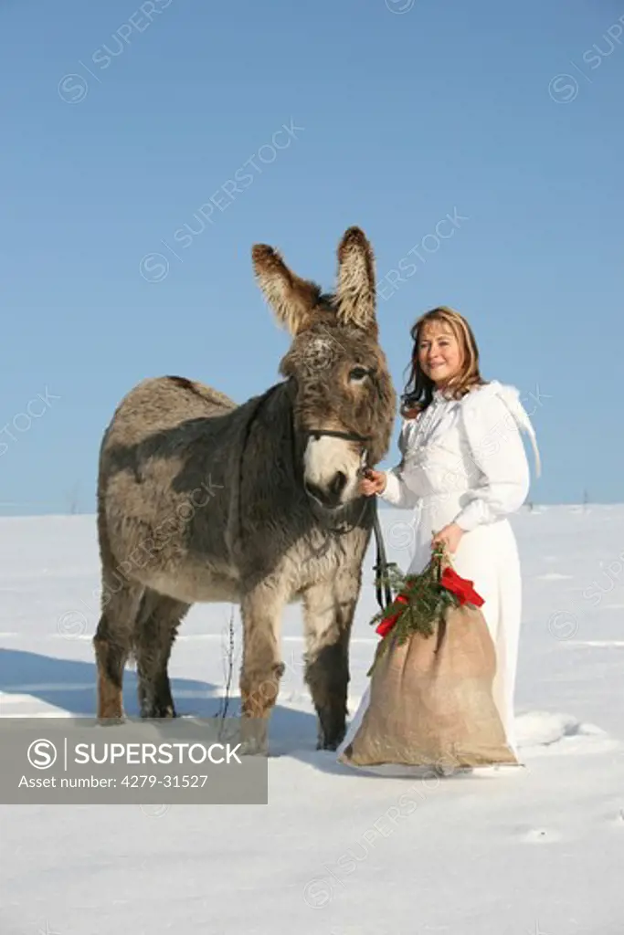 woman and donkey in snow