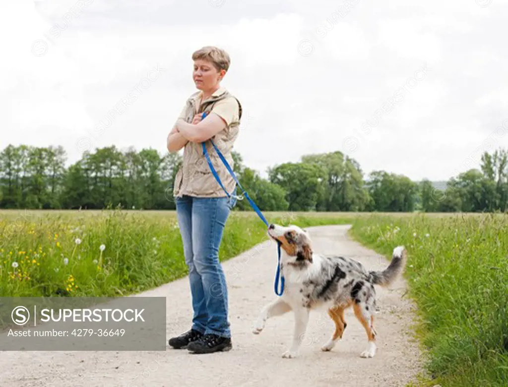 woman and young Australian Shepherd dog