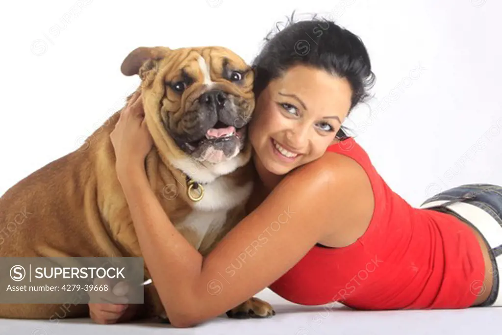 English Bulldog with young woman