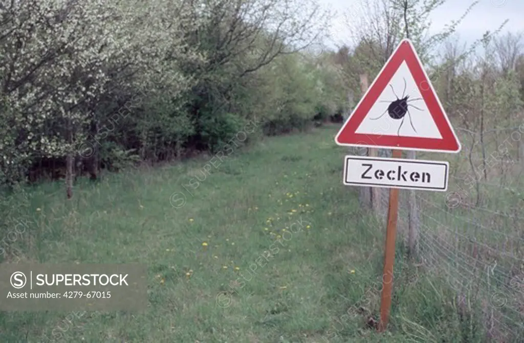 DEU, 2004: Castor Bean Tick (Ixodes ricinus), warning sign.