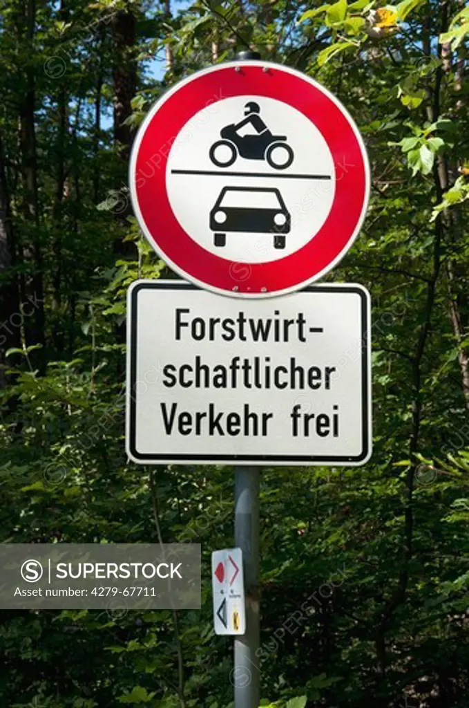 Traffic sign indicating access prohibition for motorized vehicles except forestry vehicles