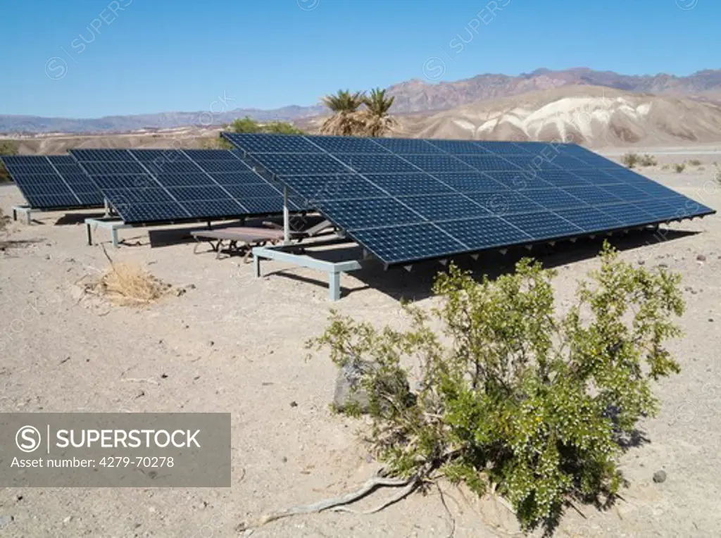 Solar panels in the immediate vicinity of the Furnace Creek Visitor Center in the Death Valley. Death Valley National Park, California, USA