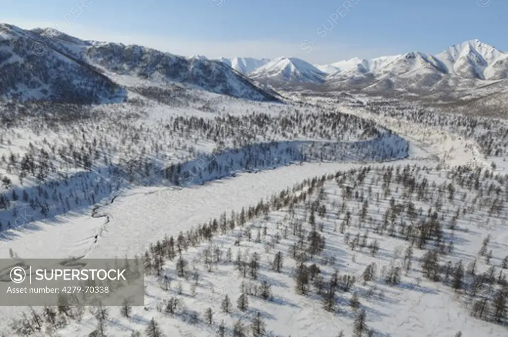 Unan River Valley in winter. Kronotsky Peninsula. Kronotsky Zapovednik, Kamchatka, Russia