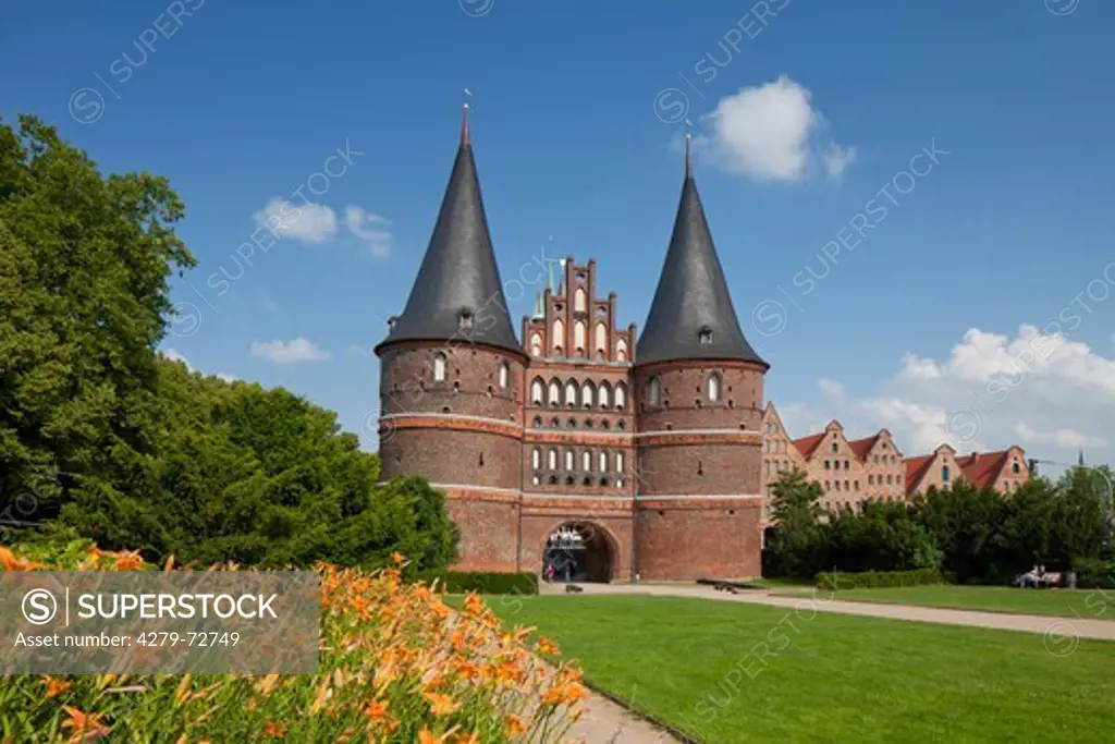 The Holstein Gate (Holstentor) in Lubeck in summer, Schleswig-Holstein, Germany