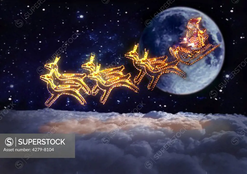 Santa Claus on sled with reindeers - above the clouds