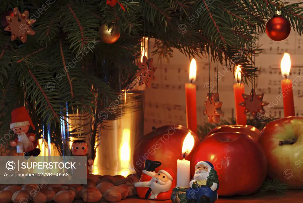 christmas , candles , apples and christmas tree