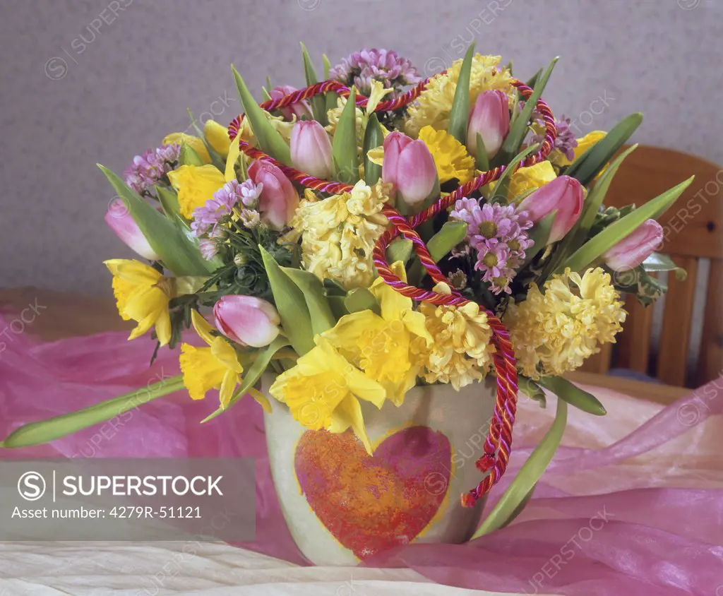 bouquet with tulips , hyacinths , daffodils and chrysanthemums
