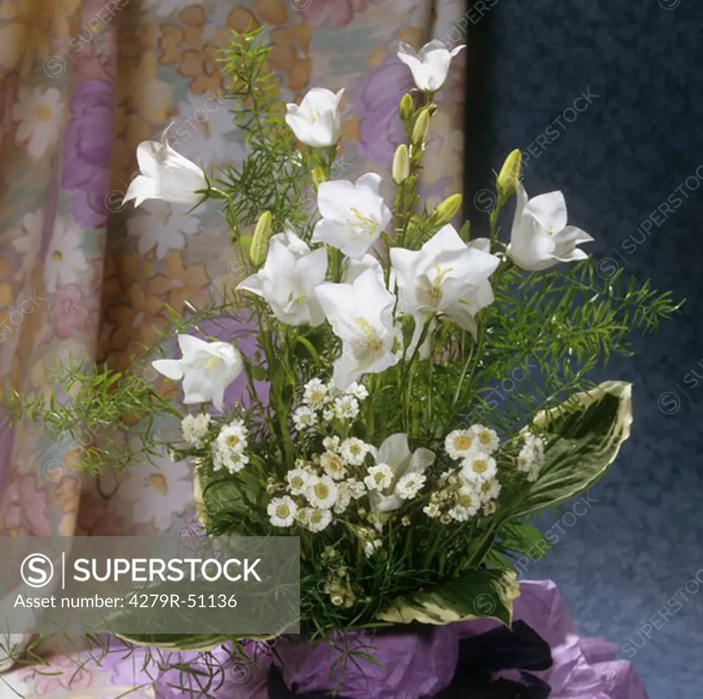 bouquet with Canterbury Bells , tansies and leaves