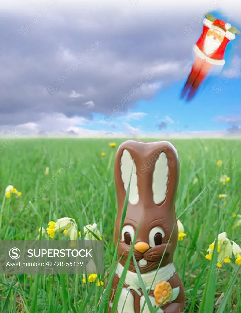 Easter , chocolate bunny on meadow and Santa Claus