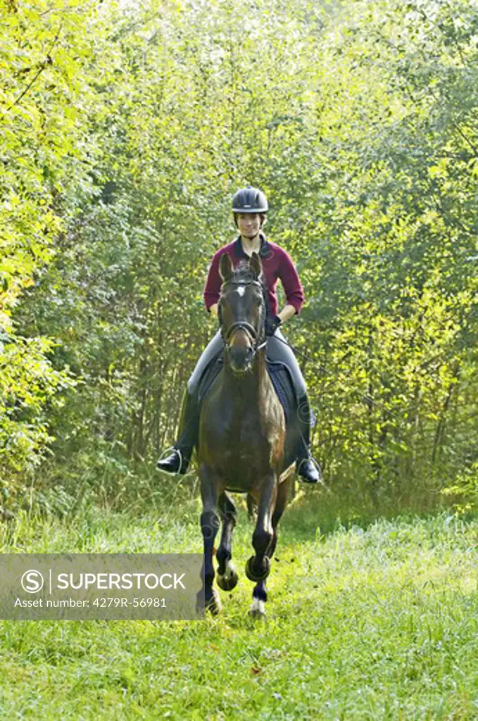 Young lady rider galloping on back of her German horse