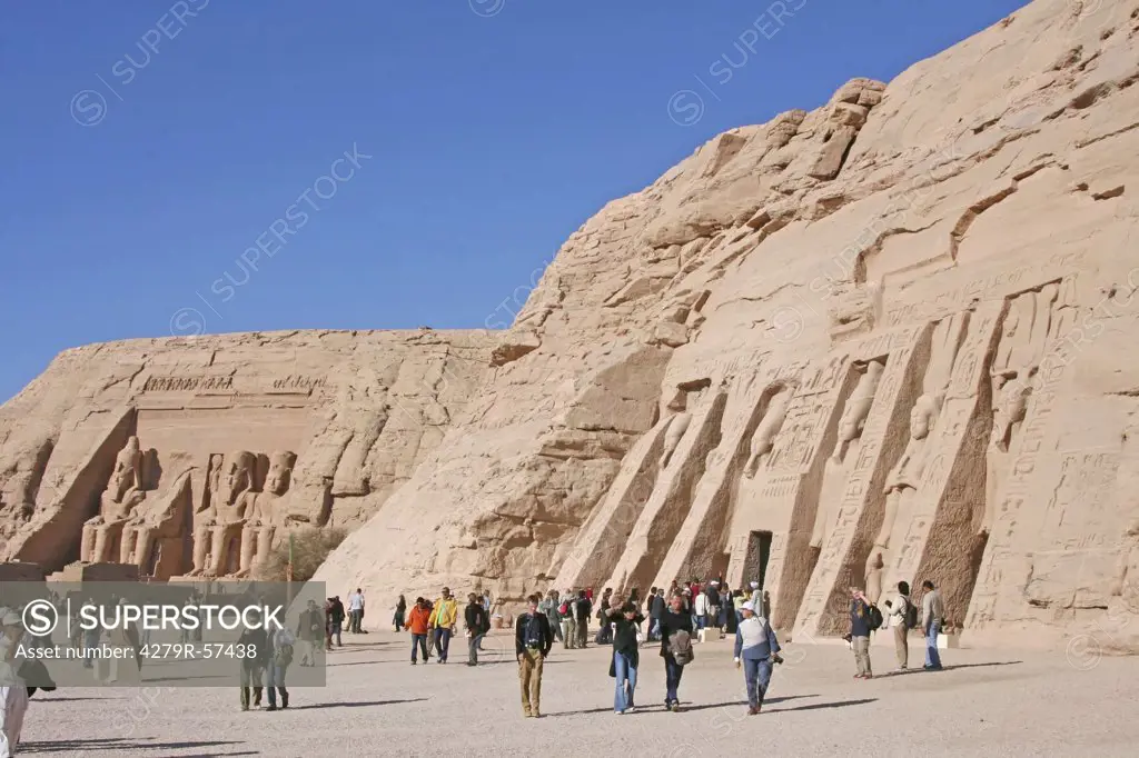 Egypt, Abu Simbel - tourists in front of temples
