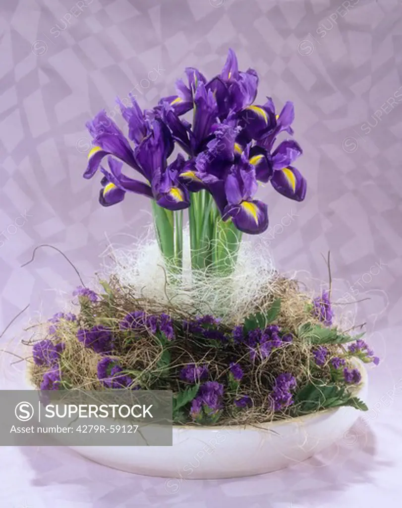 flower arrangement with irises and Maidenhair