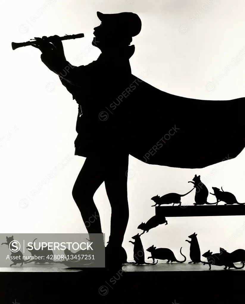 Silhouette of Pied Piper followed by rats
