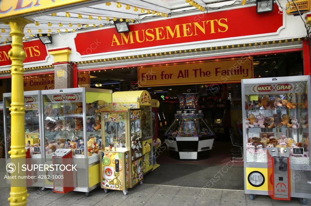 England, Devon, Paignton. Exterior view of the frontage of an amusement arcade.