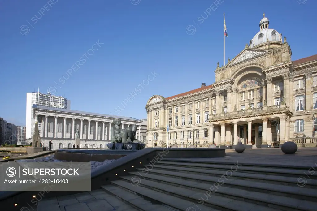England, West Midlands, Birmingham. 'The Floozie in the Jacuzzi' in the upper pool of the water feature in Victoria Square flanked by The Council House and the town hall.