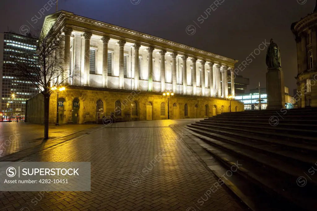 England, West Midlands, Birmingham. Town Hall in Victoria Square, recognised as one of the most impressive examples of Roman Revival civic architecture based upon the Roman Temple of Castor and Pollux.